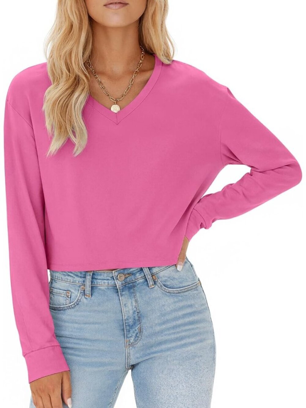 〽️Women's Rose Red Short Sleeve V Neck Cropped Casual Crop Tops T Shirts